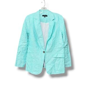 Talbots Herringbone Linen Blazer Women Turquoise Single Button Coastal Size 8